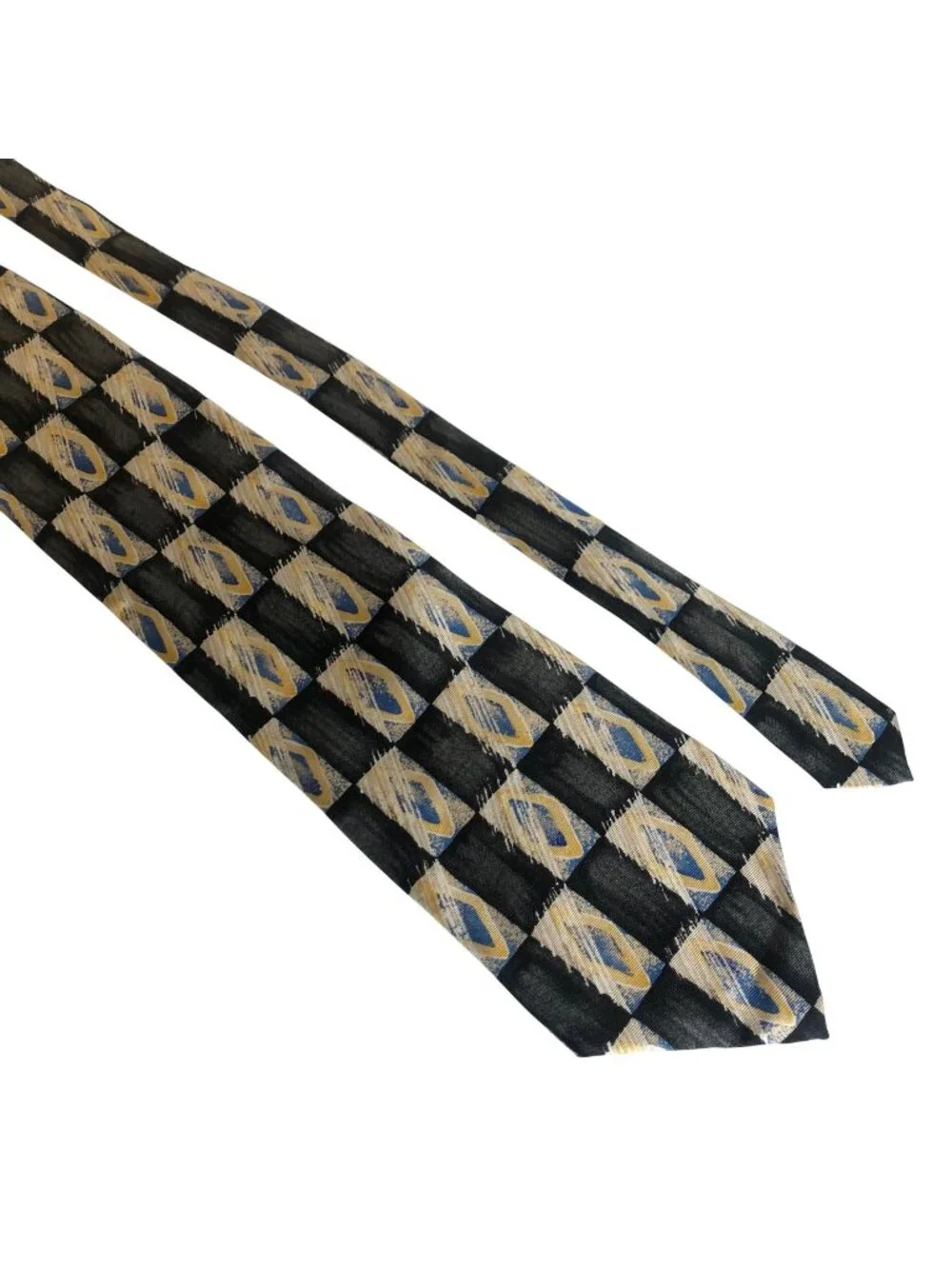 John Blair Mens Silk Necktie Vintage Classic Geometric Black Yellow Blue Office